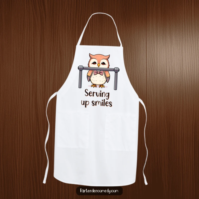Funny cute owl wearing a bowtie behind a polished bar on this stylish and practical apron.