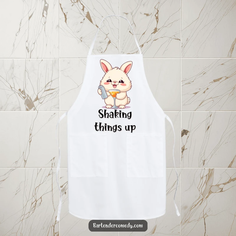 Funny apron with a grinning fluffy rabbit holding a cocktail shaker, ideal for kitchen or bar fun.