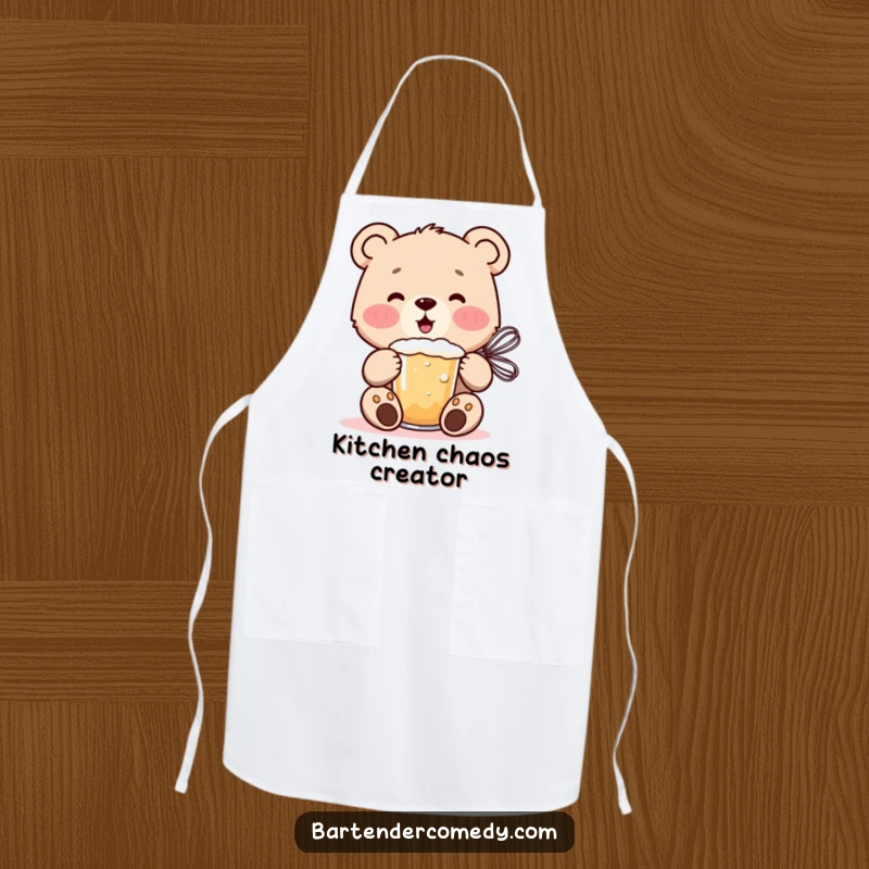 Cheerful bear cub mixing a frothy drink with a whisk on this fun and practical apron.
