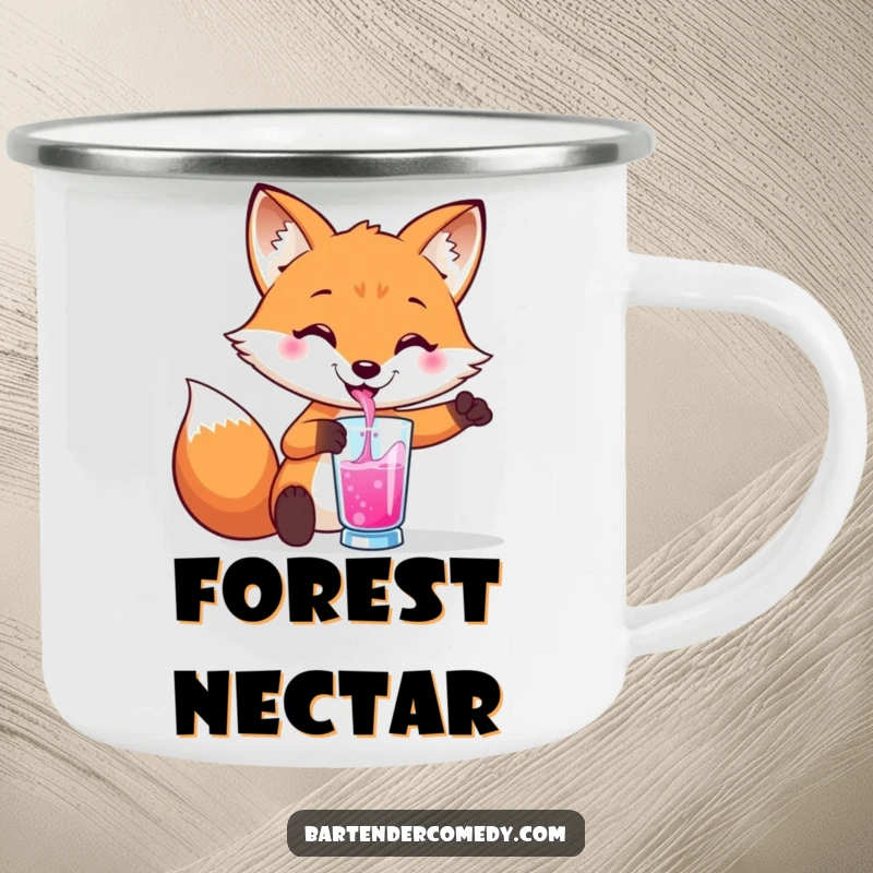 Funny camping mug with a smiling fox pouring a vibrant liquid into a glass, perfect for outdoor enthusiasts.