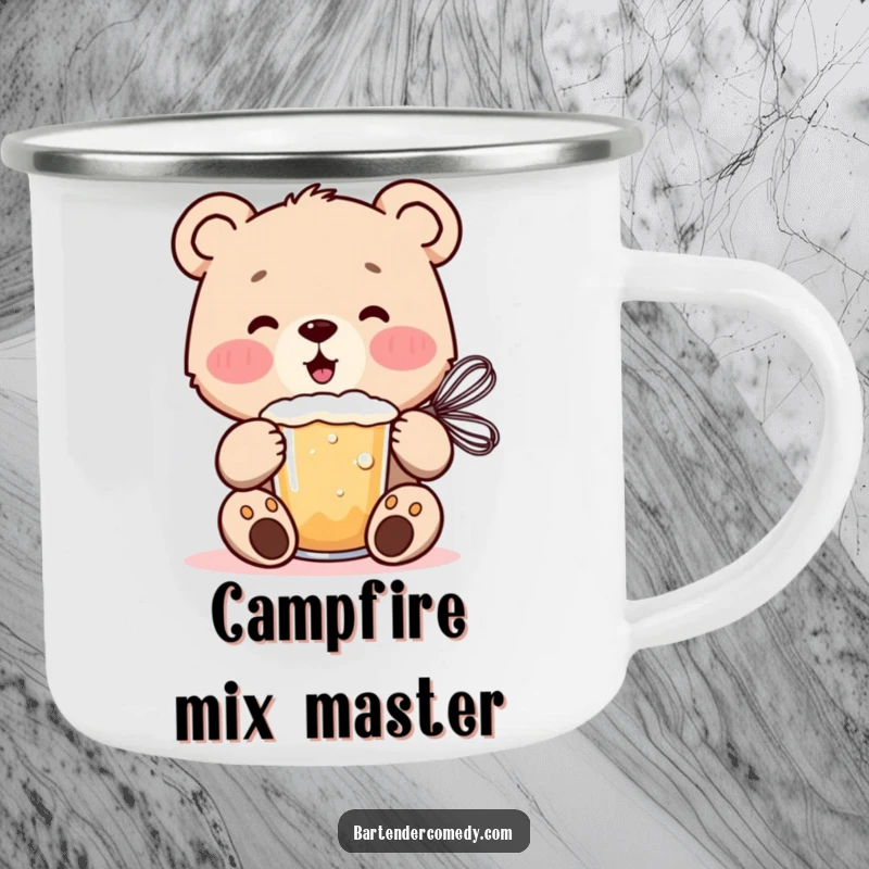 Cheerful bear cub mixing a frothy drink with a whisk on this sturdy camping mug.