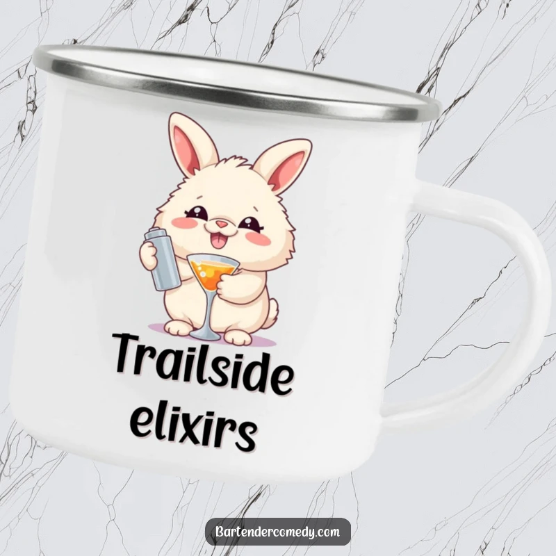 Funny camping mug with a smiling fluffy rabbit holding a cocktail shaker, designed for outdoor adventures.