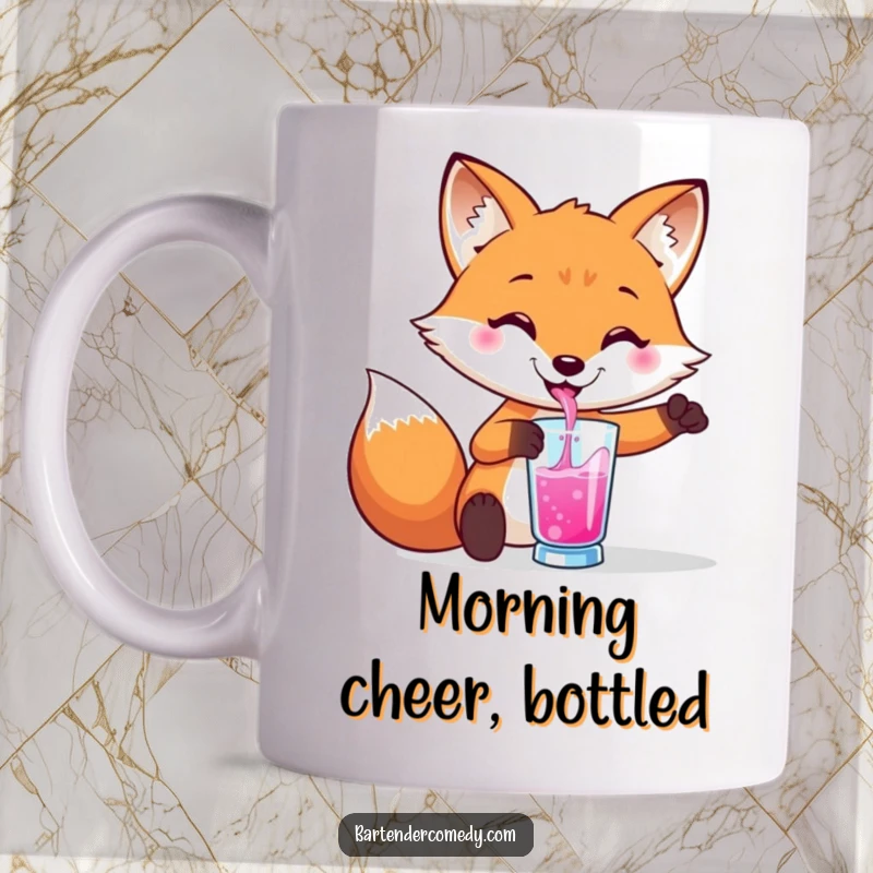 Funny mug with a smiling fox pouring a vibrant liquid into a glass, embodying a mischievous bartender.