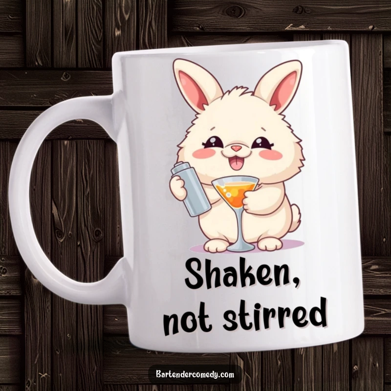 Funny mug with a grinning fluffy rabbit holding a cocktail shaker, ready to mix drinks with a cheerful, party vibe.