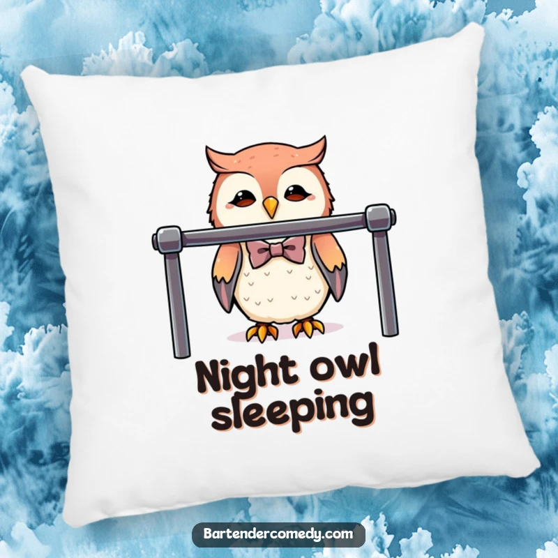 A cute owl in a tiny bowtie stands behind a polished bar on this soft and funny decorative pillow.