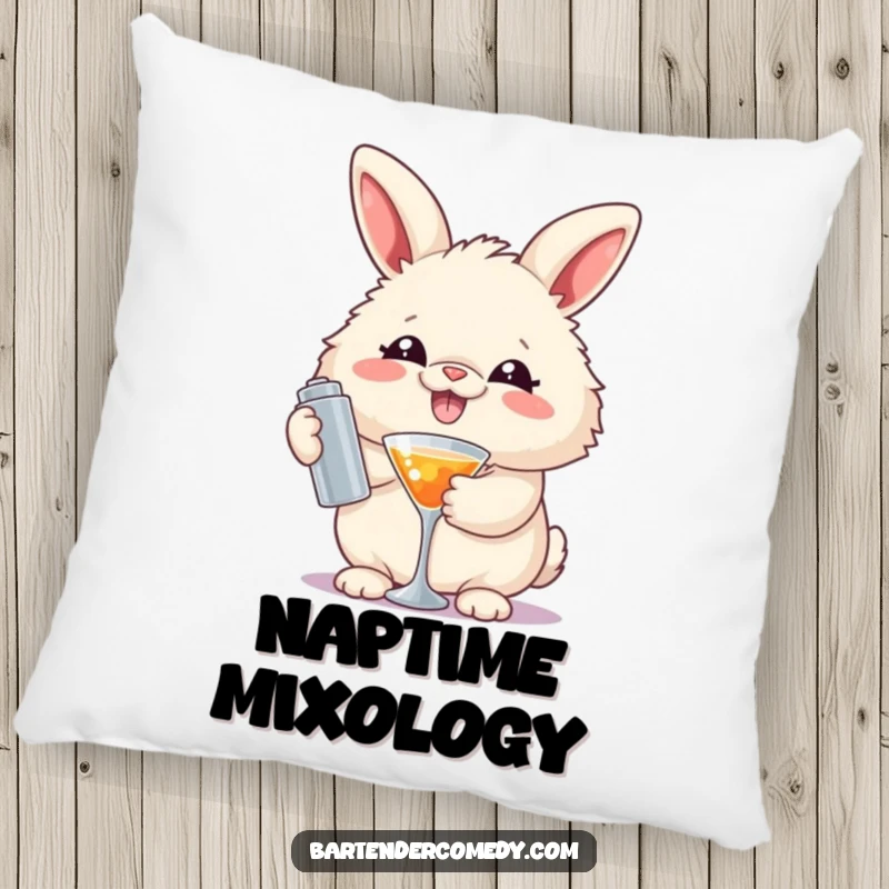 Funny pillow featuring a happy fluffy rabbit holding a cocktail shaker, perfect for adding comfort and laughs.