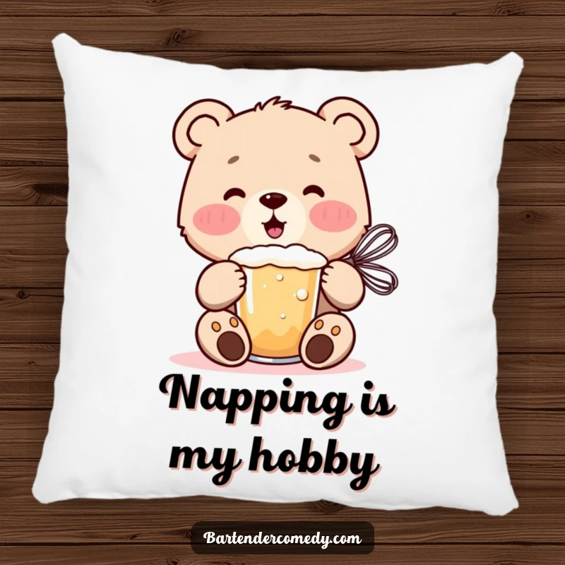 A cheerful bear cub energetically mixes a frothy drink with a whisk on this soft and funny decorative pillow.