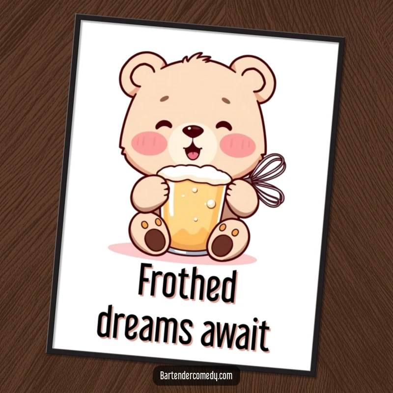 Cheerful bear cub energetically mixing a frothy drink with a whisk, presented as a fun digital art print.