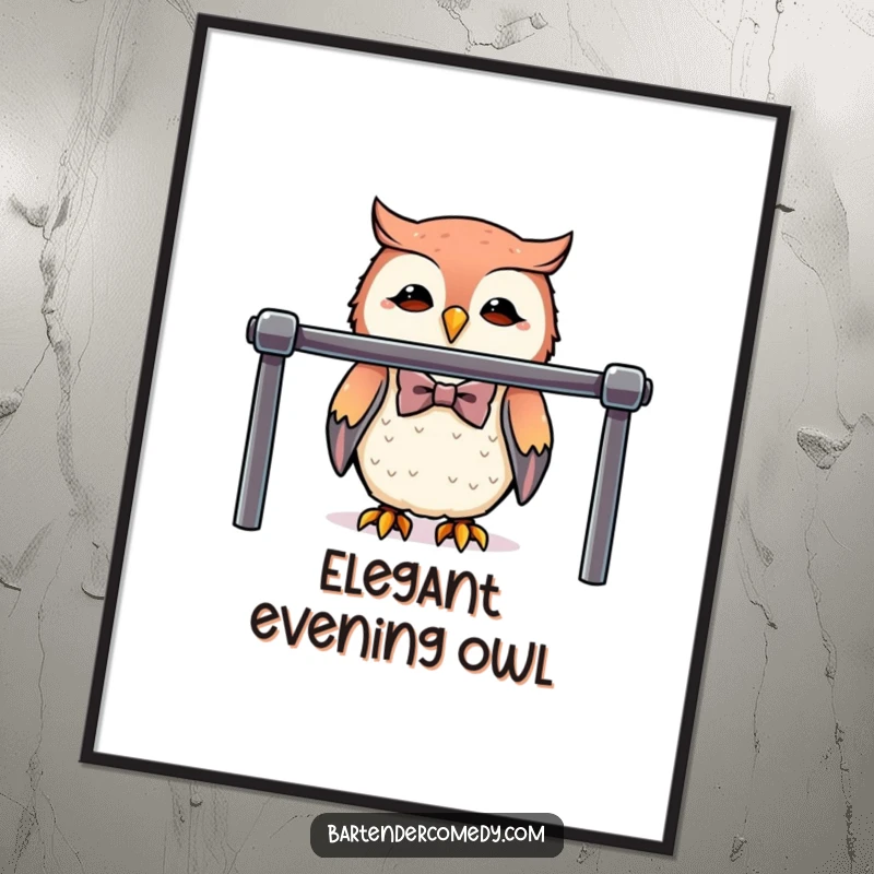 Funny cute owl wearing a bowtie behind a polished bar, presented as a sophisticated digital art print.