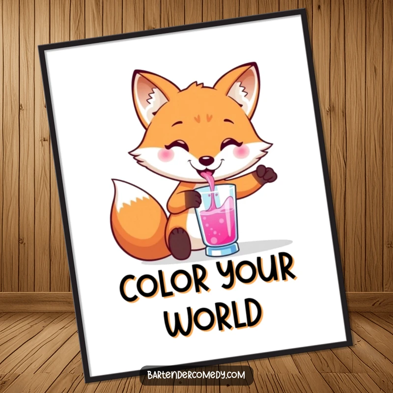 Funny digital art print of a smiling fox pouring a vibrant liquid into a glass, for instant decor.