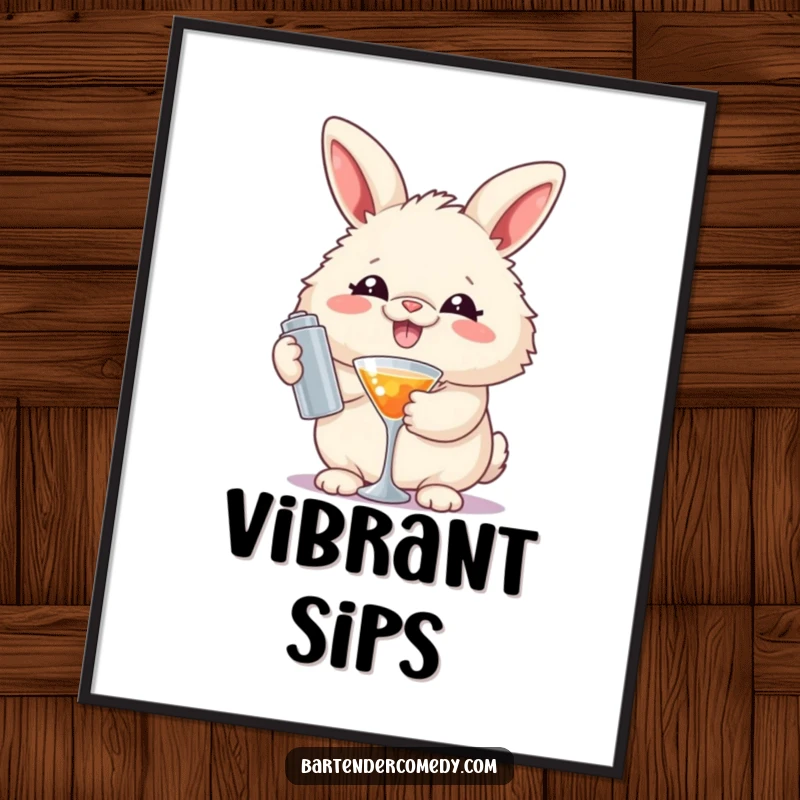 Funny digital art print of a grinning fluffy rabbit holding a cocktail shaker, perfect for instant wall decor.