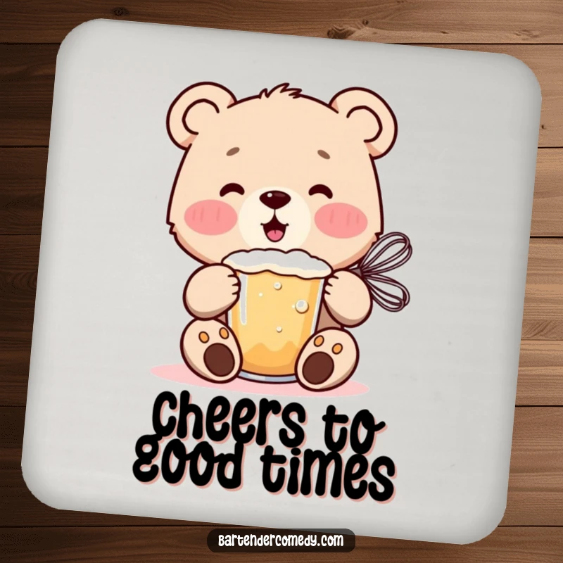Cheerful bear cub mixing a frothy drink with a whisk, designed as a charming drink coaster.