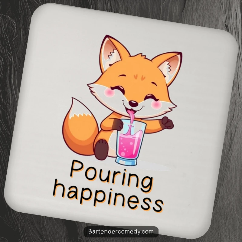 Funny drink coaster with a smiling fox pouring a colorful drink into a glass, protecting surfaces.