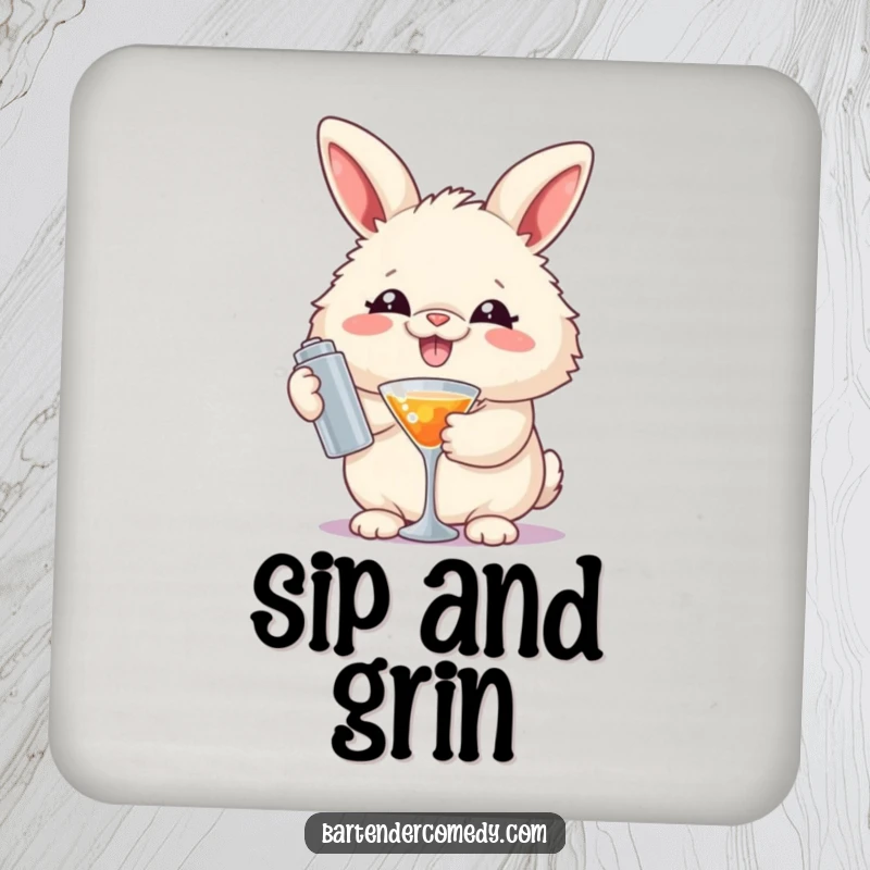 Funny drink coaster featuring a smiling fluffy rabbit holding a cocktail shaker, protecting surfaces with style.