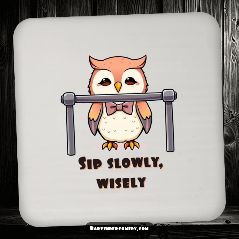 Funny cute owl in a bowtie behind a polished bar, designed as a sophisticated drink coaster.