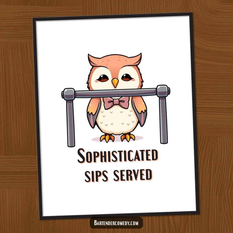 Funny cute owl wearing a bowtie behind a polished bar, displayed as sophisticated bar art.