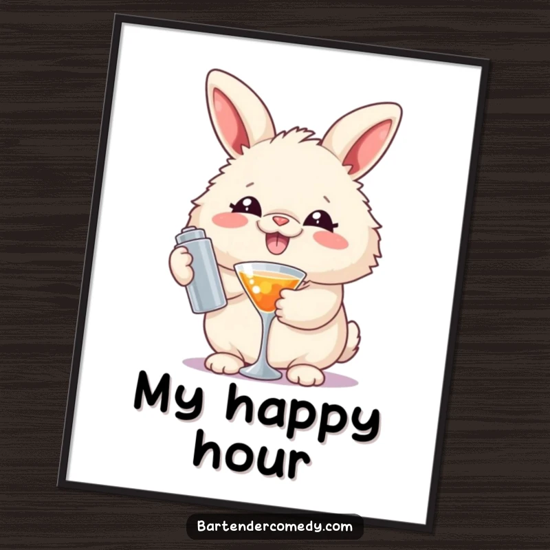 Funny poster of a grinning fluffy rabbit masterfully holding a cocktail shaker, bringing party vibes to any room.