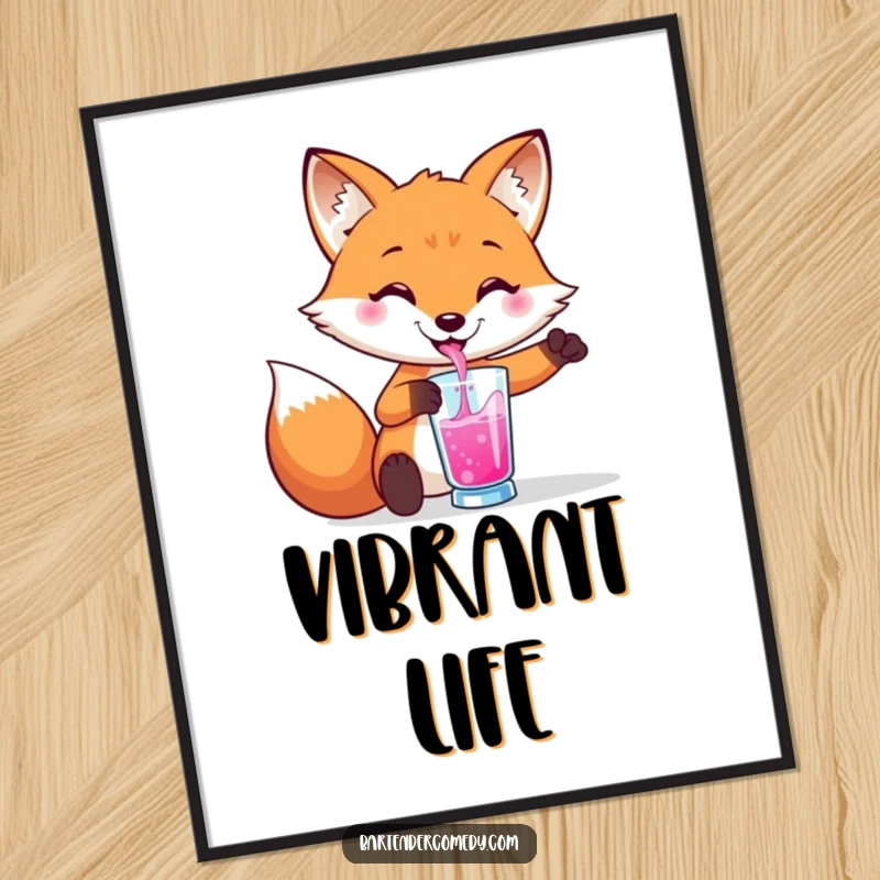 Funny poster showcasing a smiling fox pouring a vibrant liquid into a glass, adding artistic flair.