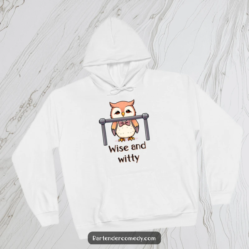 Funny cute owl wearing a bowtie behind a polished bar, featured on a cozy and stylish hoodie.