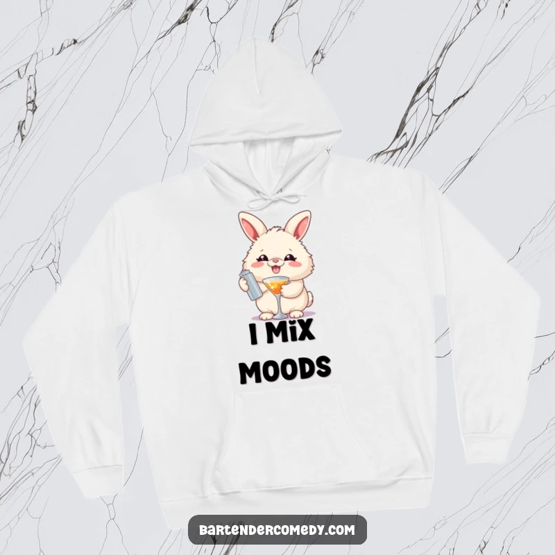 Funny hoodie with a cheerful fluffy rabbit holding a cocktail shaker, designed for ultimate comfort and laughs.