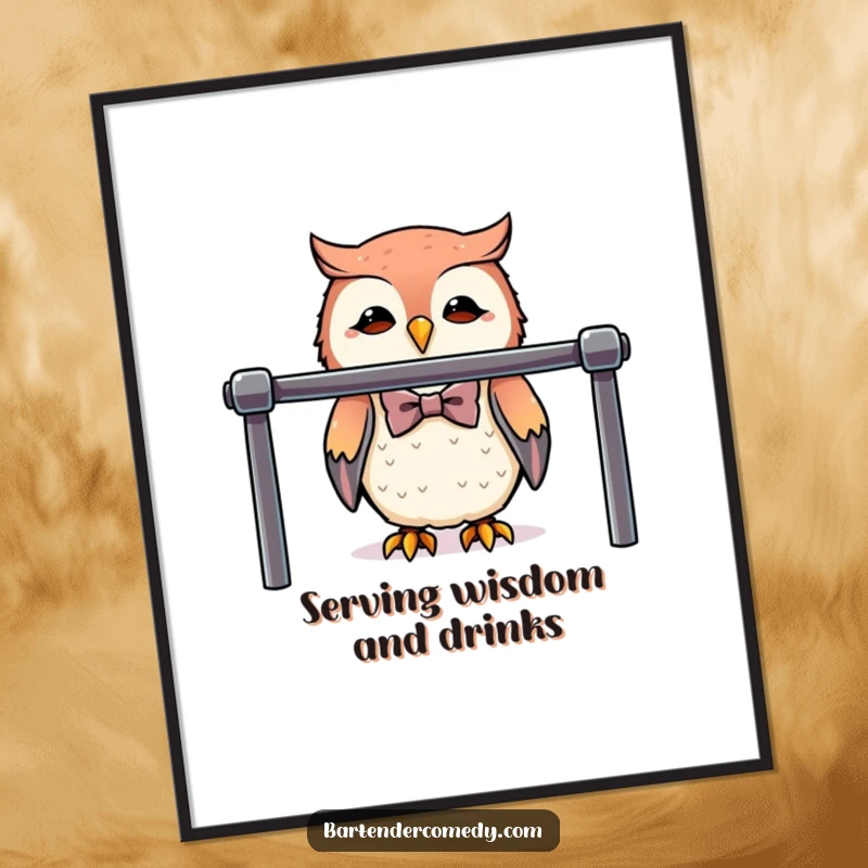 Funny Free Printable Owl Bartender Wall Art, a cute owl wearing a bowtie behind a polished bar, a humorous and stylish piece.