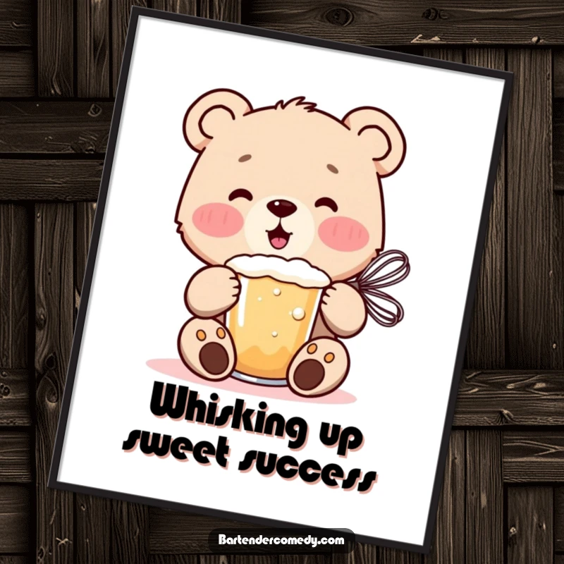 Funny Free Printable Bear Cub Wall Art, a cheerful bear cub mixing a frothy drink with a whisk, a playful and cute decoration.