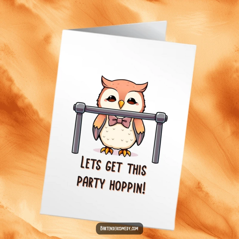 Funny Free Printable Owl Bartender Birthday Card, a cute owl in a bowtie behind a bar, ready to mix a birthday drink.