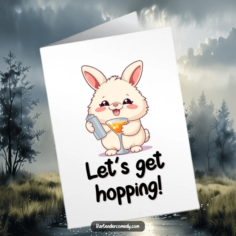 Funny free printable birthday card: A fluffy rabbit grins widely while expertly shaking a cocktail, ready to party.
