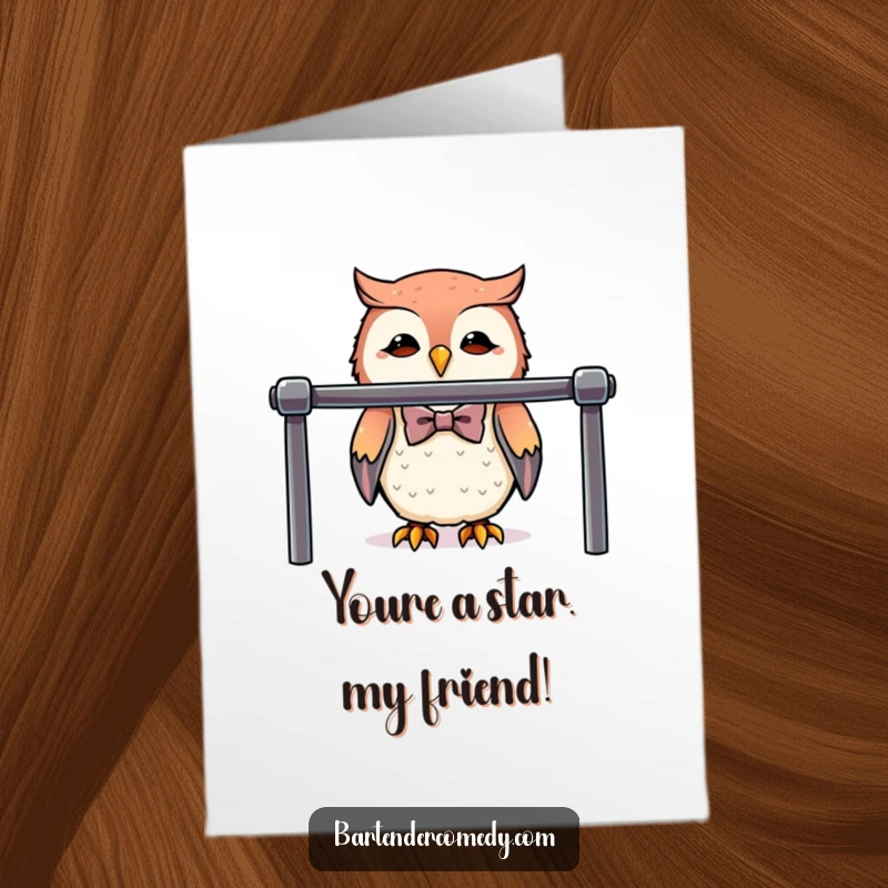Funny Free Printable Owl Bartender Congrats Card, a dapper owl in a bowtie behind a polished bar, celebrating success.