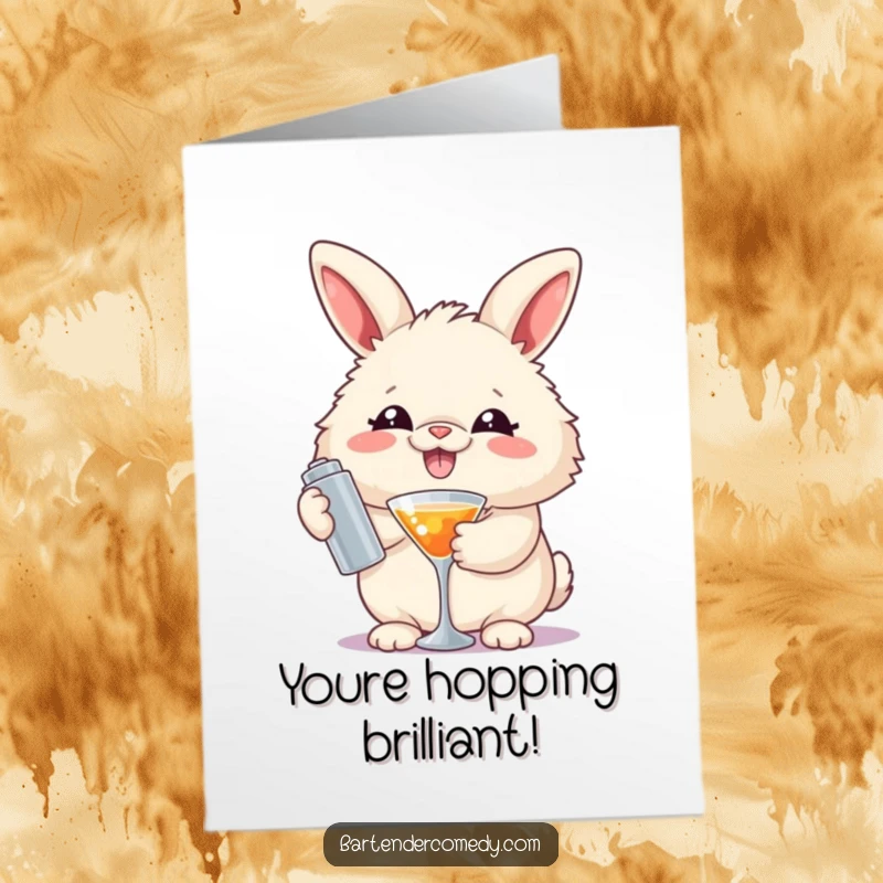 Funny free printable congratulations card: A grinning fluffy rabbit holds a cocktail shaker, ready to toast your success.