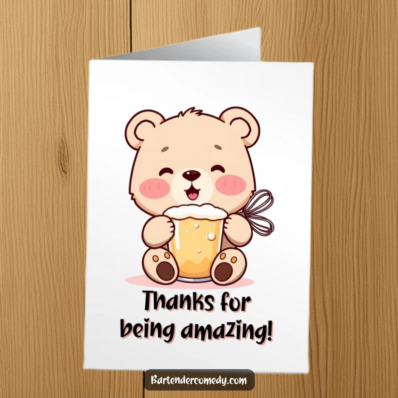 Funny Free Printable Bear Cub Thank You Card, a cheerful bear cub mixing a frothy drink, expressing sincere thanks.