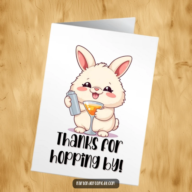 Funny free printable thank you card: A happy rabbit grins holding a cocktail shaker, offering thanks with a splash.