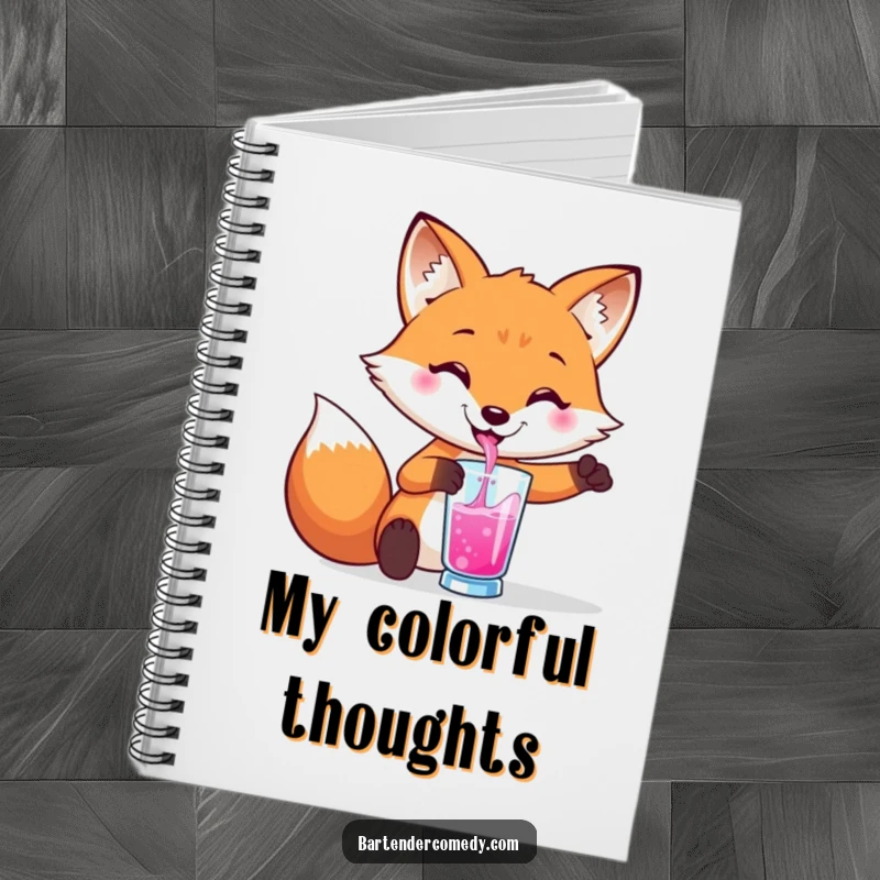 Funny notebook with a smiling fox pouring a colorful drink into a glass, ideal for note-taking.