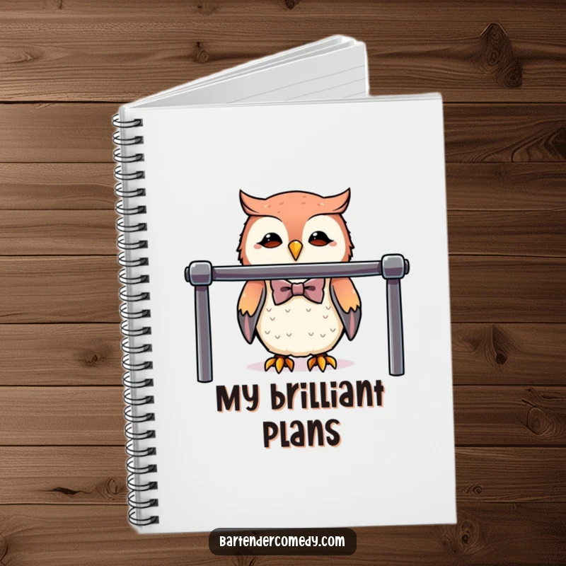 Funny cute owl in a bowtie behind a polished bar on the cover of this sophisticated notebook.
