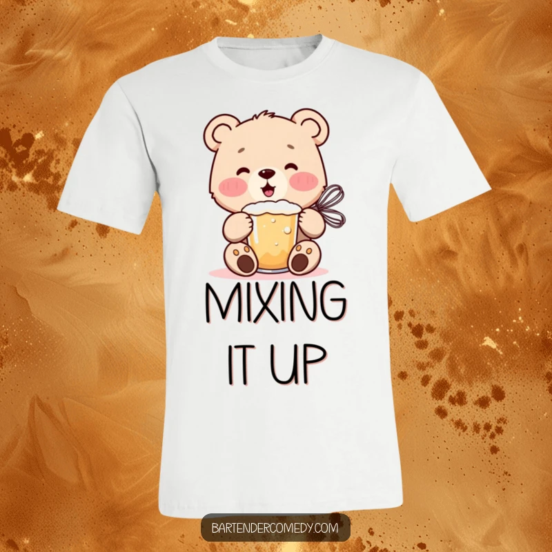 A cheerful bear cub is busy mixing a frothy drink with a whisk on this fun and funny t-shirt.