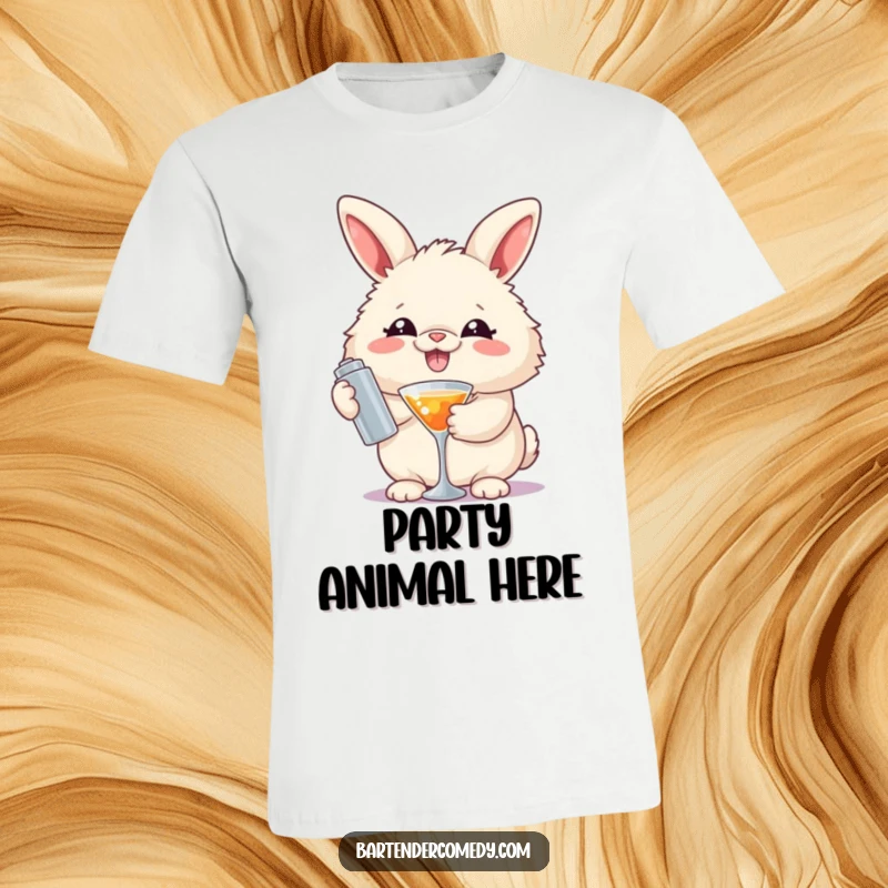 Funny T-Shirt showing a smiling fluffy rabbit enthusiastically holding a cocktail shaker, perfect for party lovers.