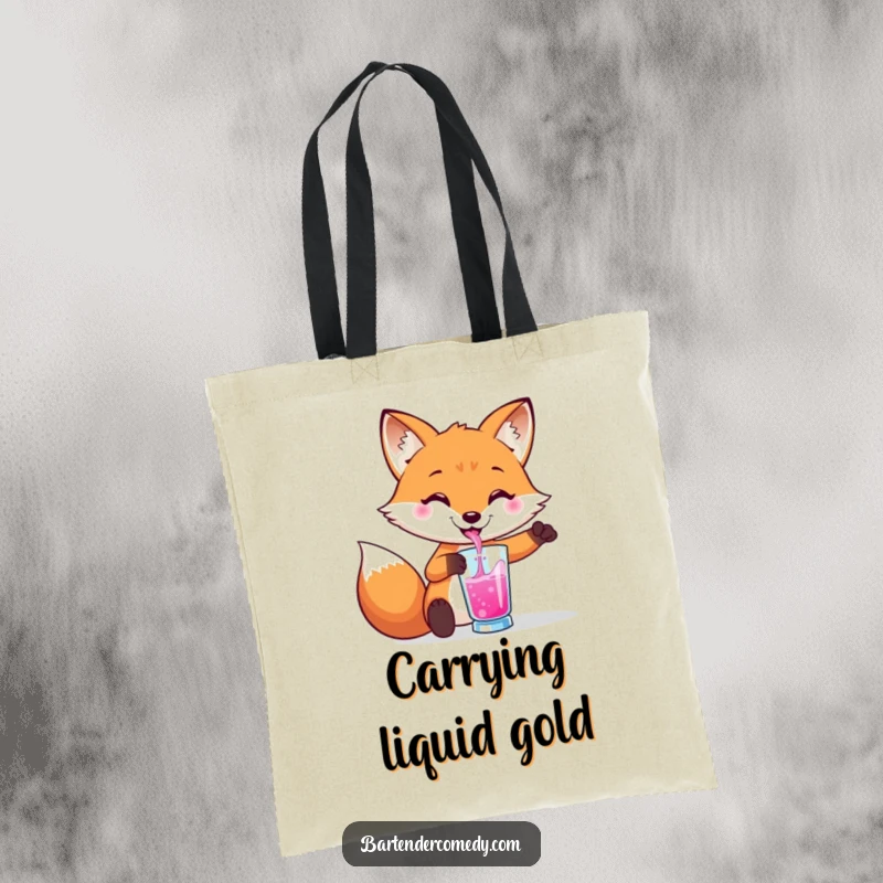 Funny tote bag with a smiling fox pouring a colorful liquid into a glass, perfect for stylish errands.
