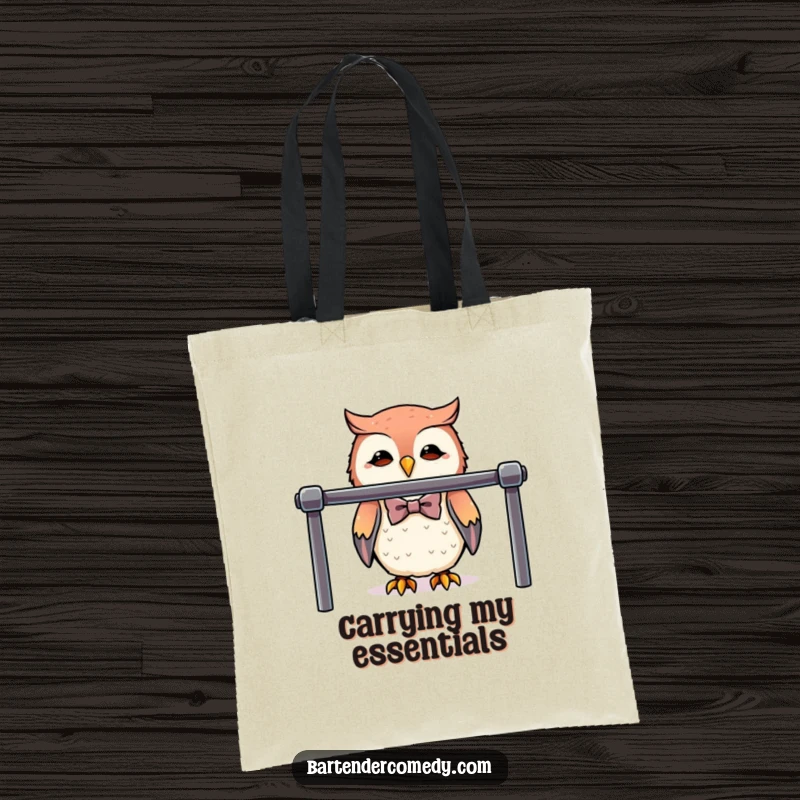 A cute owl in a tiny bowtie behind a polished bar, printed on a chic tote bag.