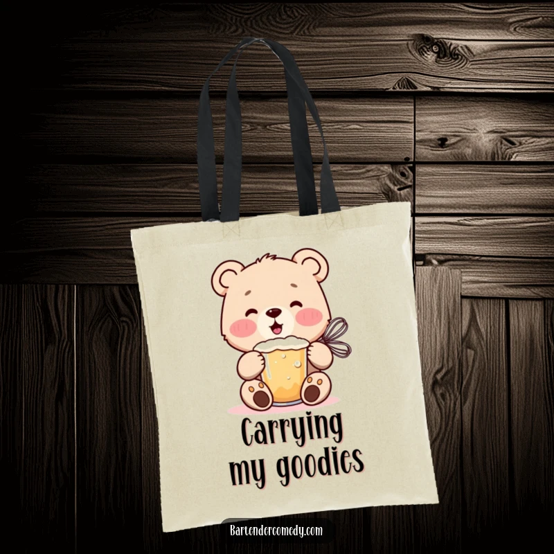 A cheerful bear cub energetically mixes a frothy drink with a whisk on this fun and functional tote bag.